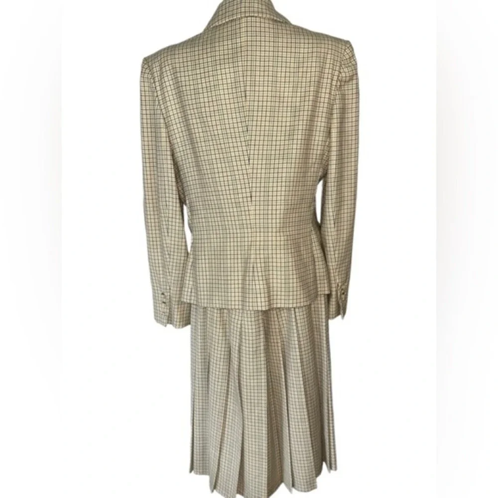 Vintage Bill Blass USA Tattersall Plaid Suit Double Breasted Box Pleat Skirt 14
